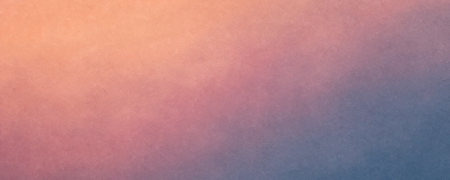 Grainy analog-film gradient from dusty peach into mauve and slate