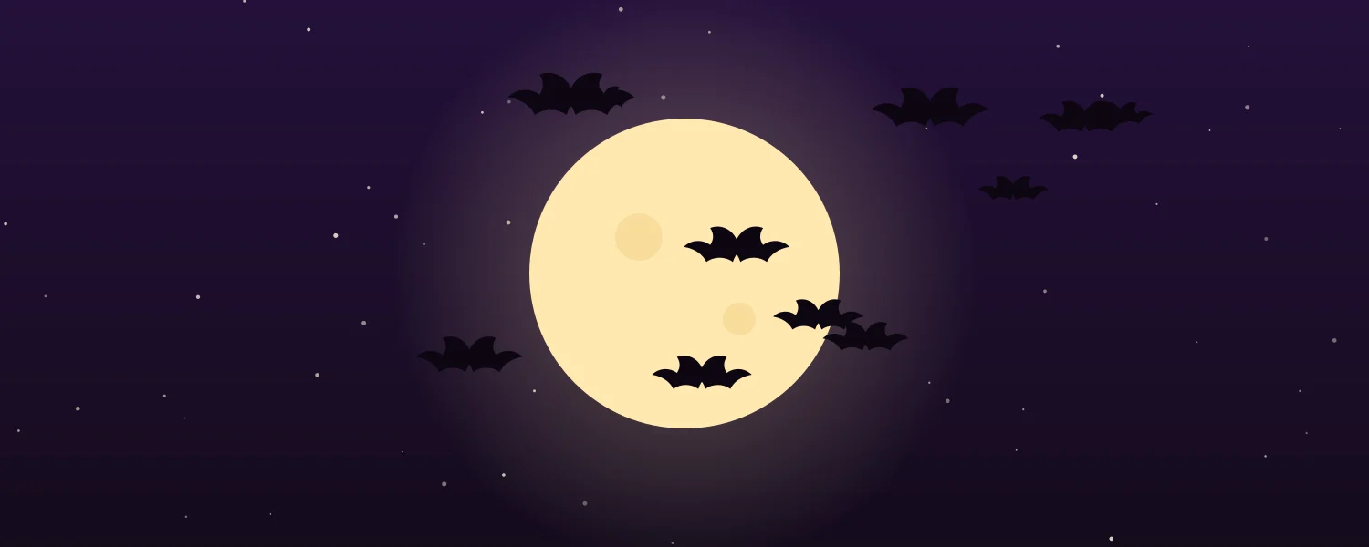 Halloween Notion cover with black bats flying across a large full moon