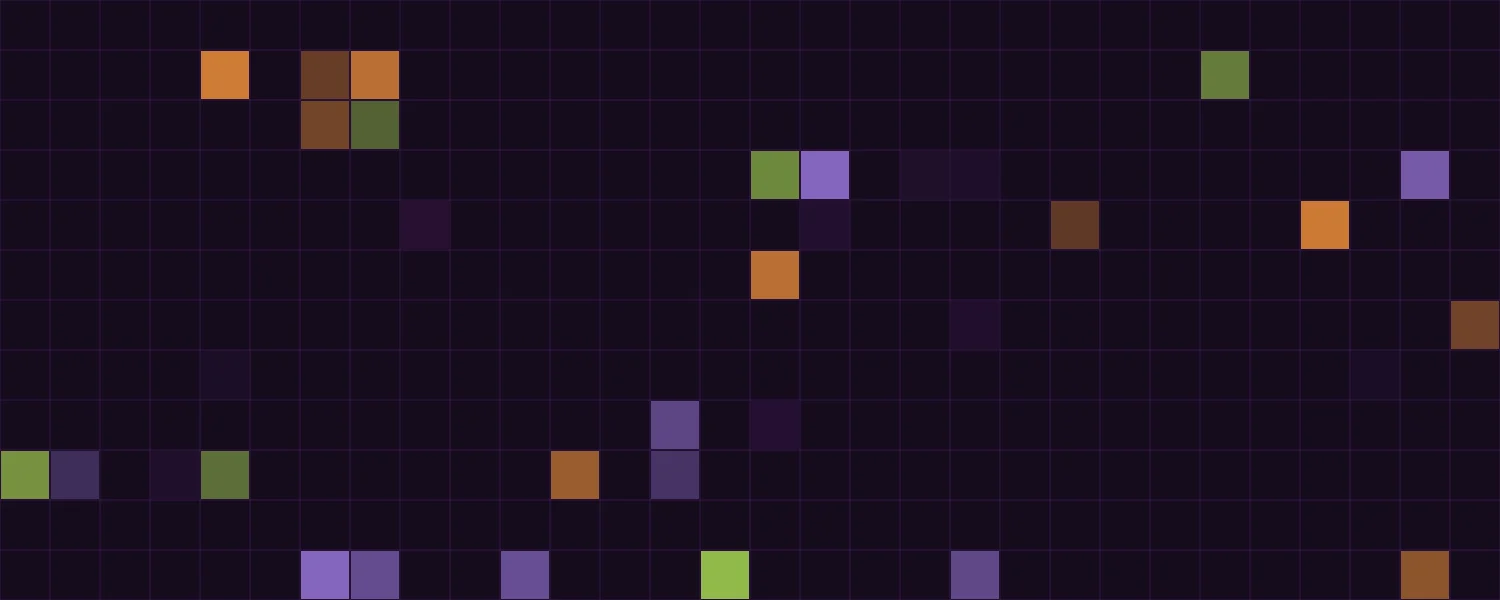 Halloween Notion cover with a dark purple grid and orange, green and purple squares