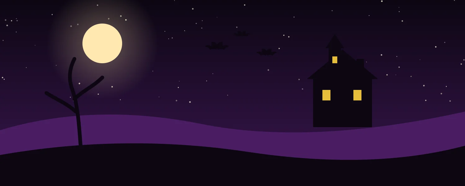 Halloween Notion cover with a haunted house and a bare tree on purple hills at night