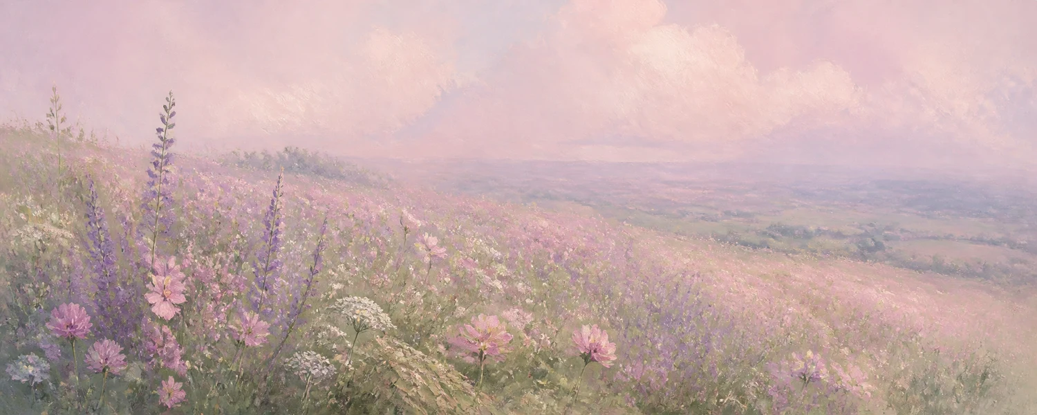 Impressionistic meadow with wildflowers fading into pastel haze