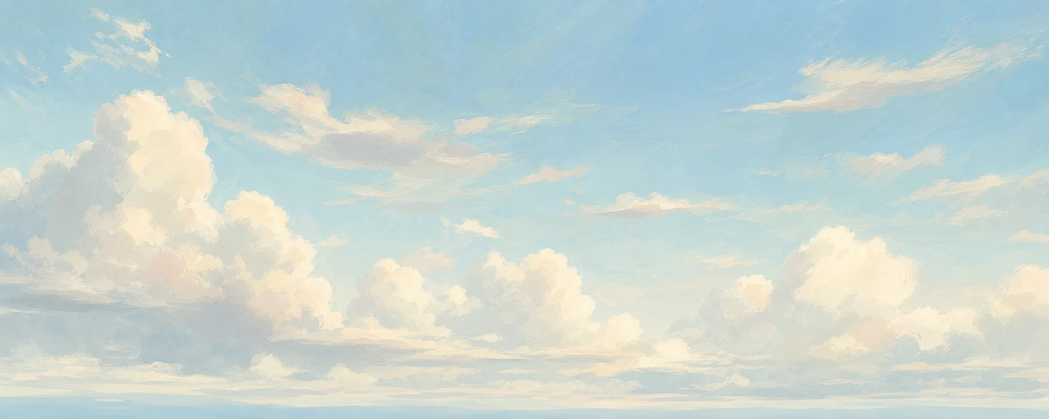 Dreamy painted cumulus clouds in pale pastel blue and cream