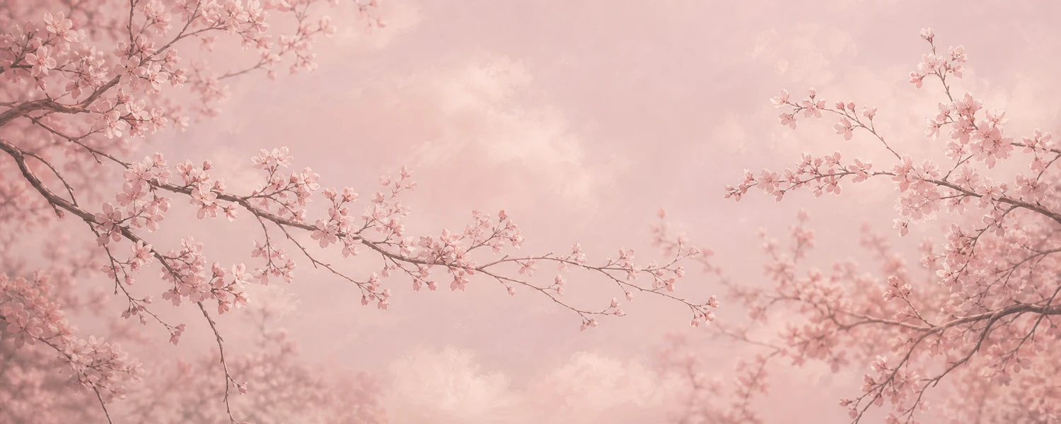 Soft-focus cherry blossom branches against a pale pink sky