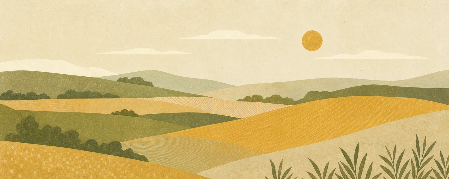 Mid-century illustrated landscape with rolling fields in mustard and olive
