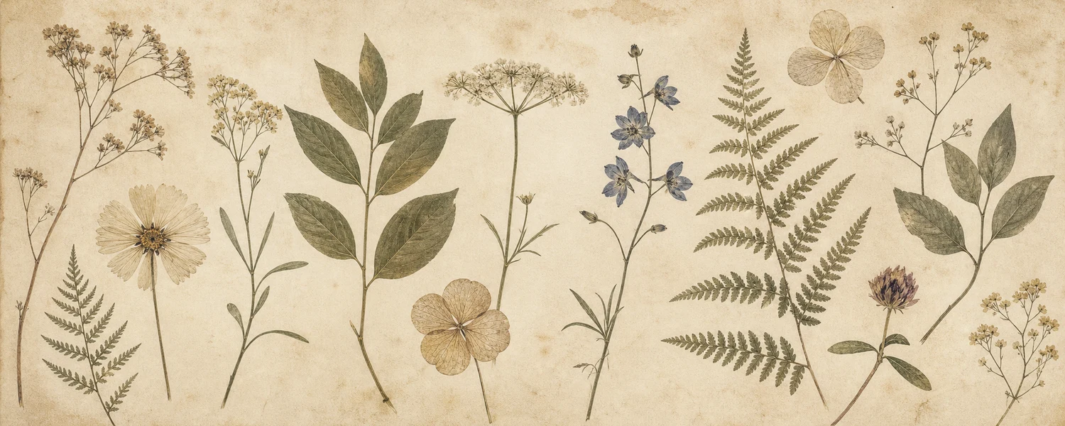 Vintage botanical illustration of pressed flowers on aged cream paper