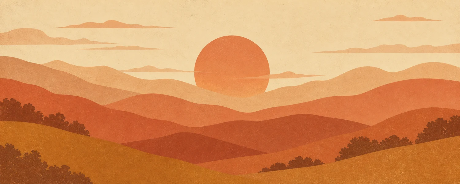 1970s travel-poster style sun over layered hills in terracotta and ochre