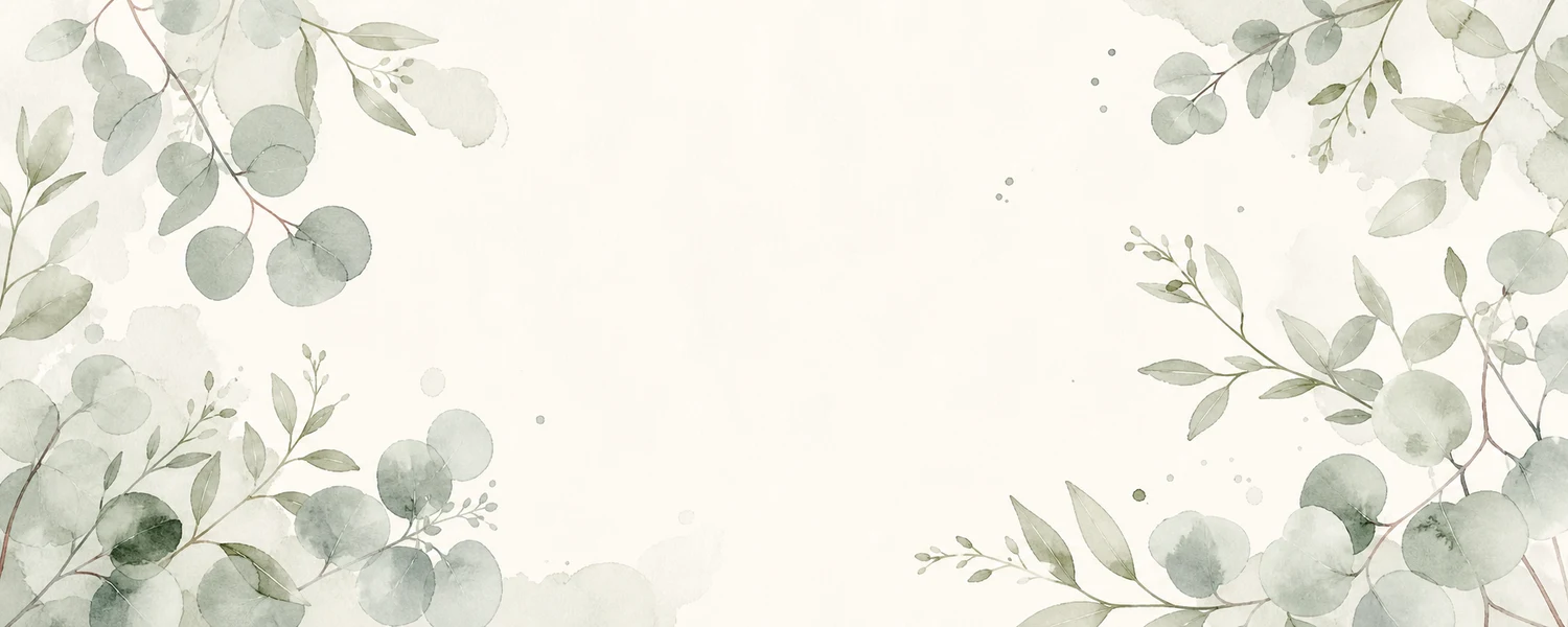 Loose watercolor eucalyptus branches in muted sage on off-white