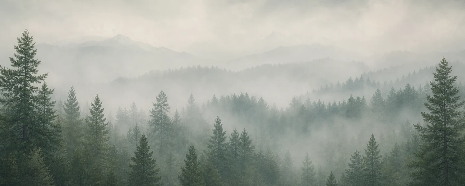 Soft misty pine forest in desaturated green-gray fog