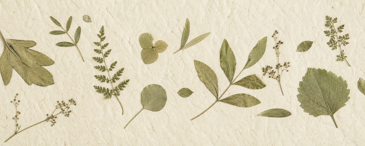 Pressed leaves scattered on textured handmade cream paper